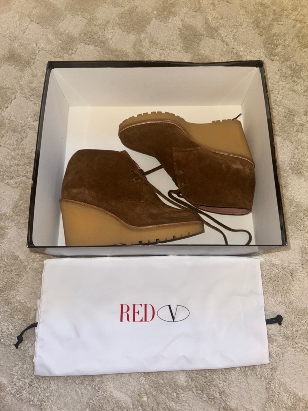 RED Valentino Brown Suede Wedge Lace-Up Ankle Boots | Size 7.5